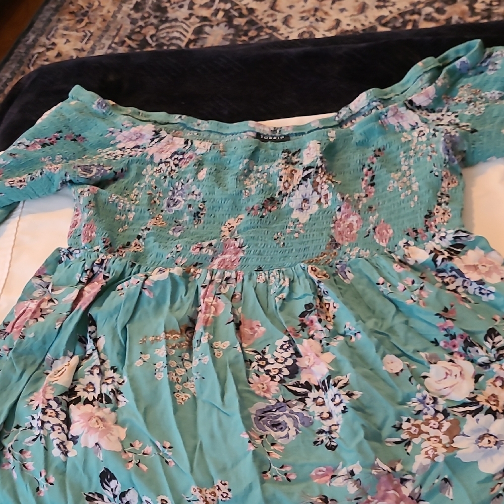 Torrid Teal Smocked Floral Top